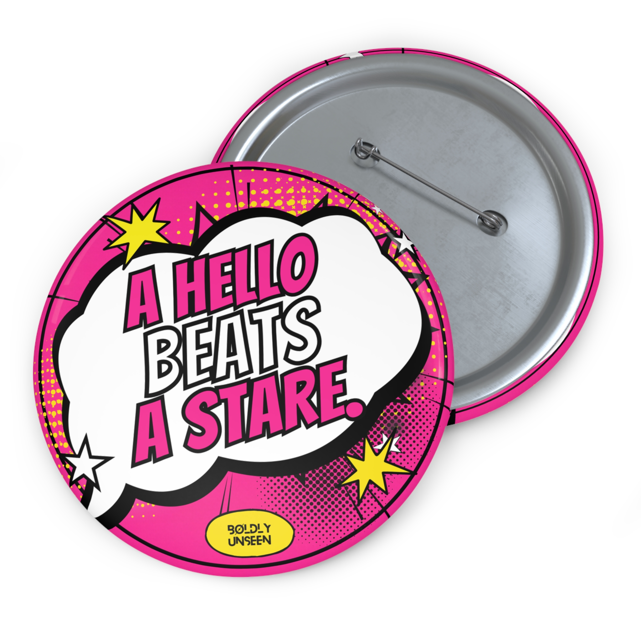 Front and metal pin-back of the A Hello Beats a Stare. pink pin badge