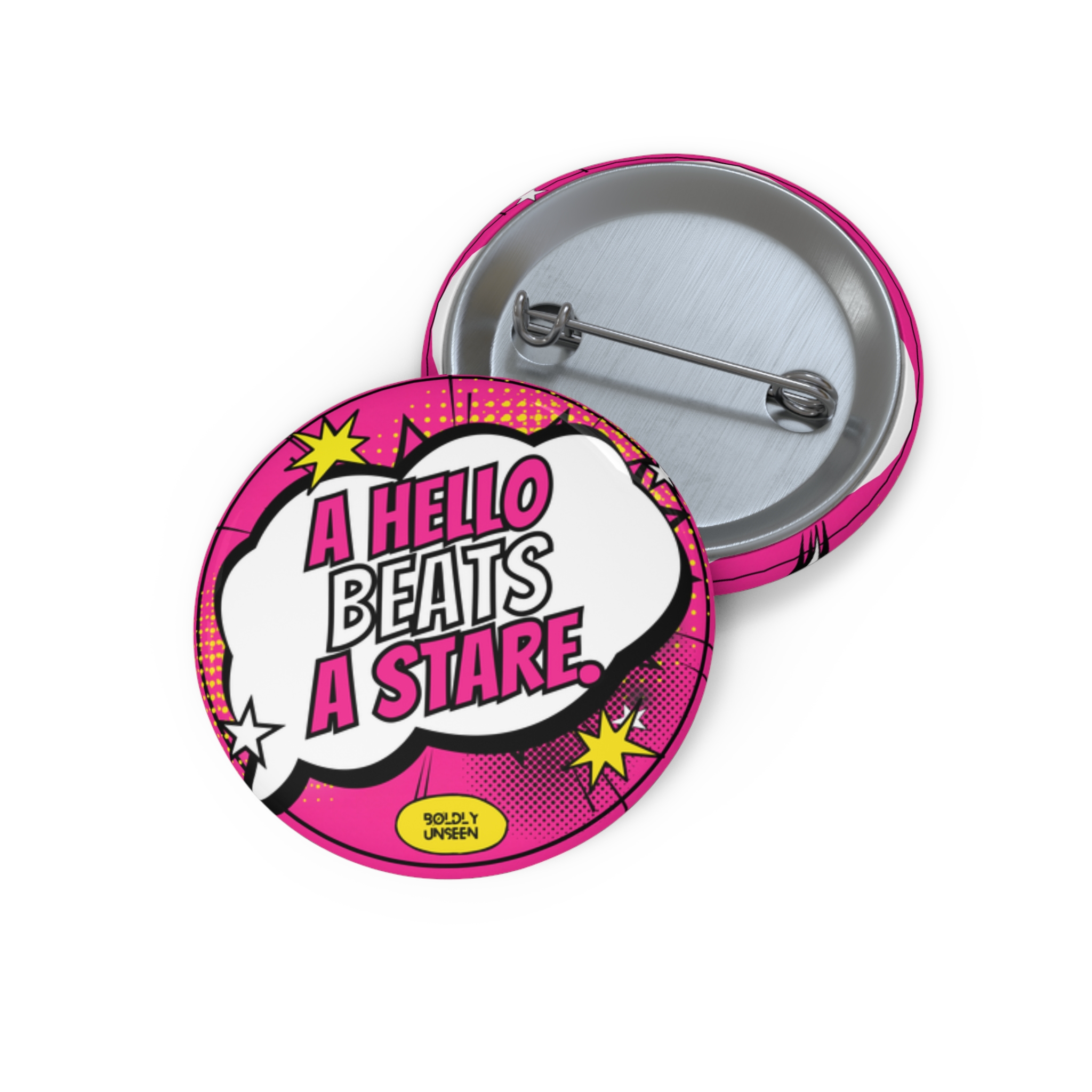 Front and pin-back of the smallest A Hello Beats a Stare. pink pin badge