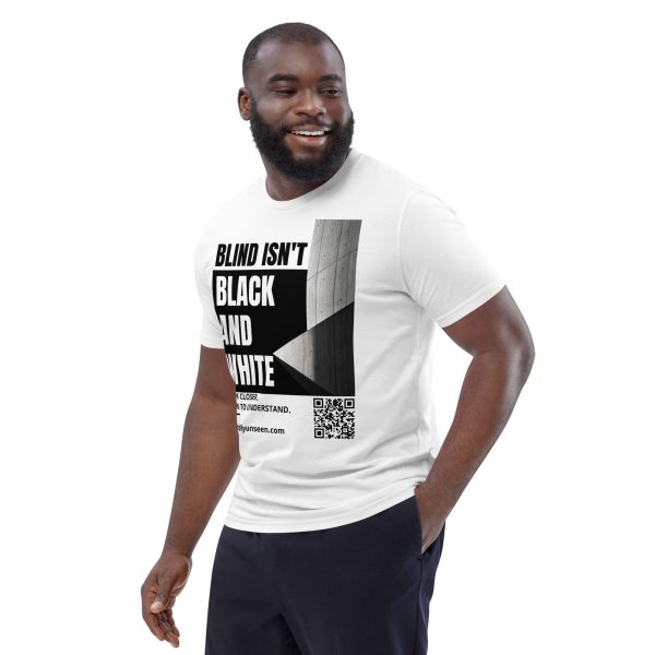 Blind Isn’t Black and White. – Organic T-Shirt, white t-shirt, angled front view: statement, branding and QR code